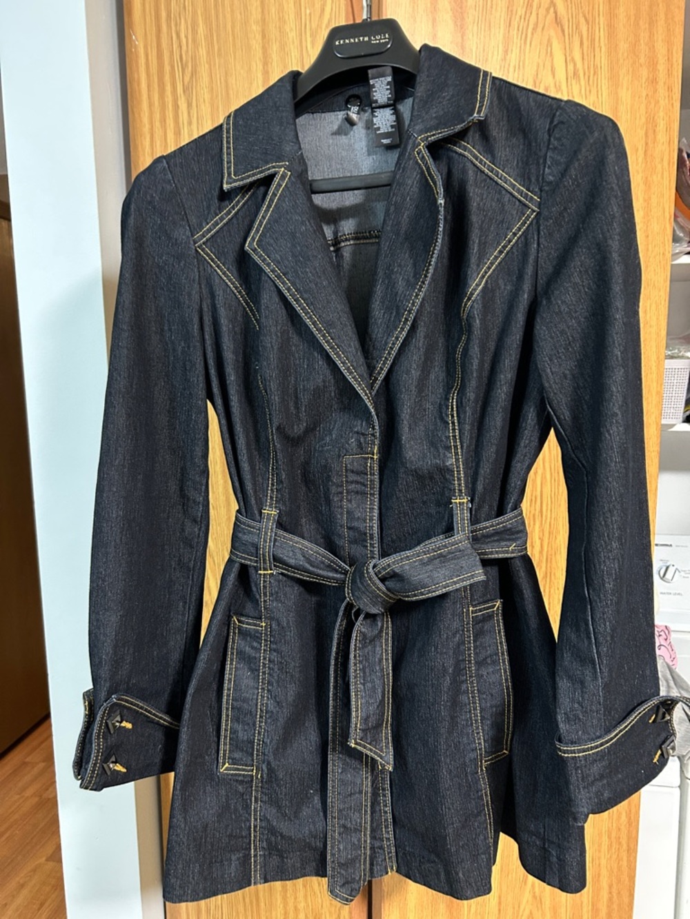 Bisou Bisou Dark Indigo Denim Trench Jacket with Belt
